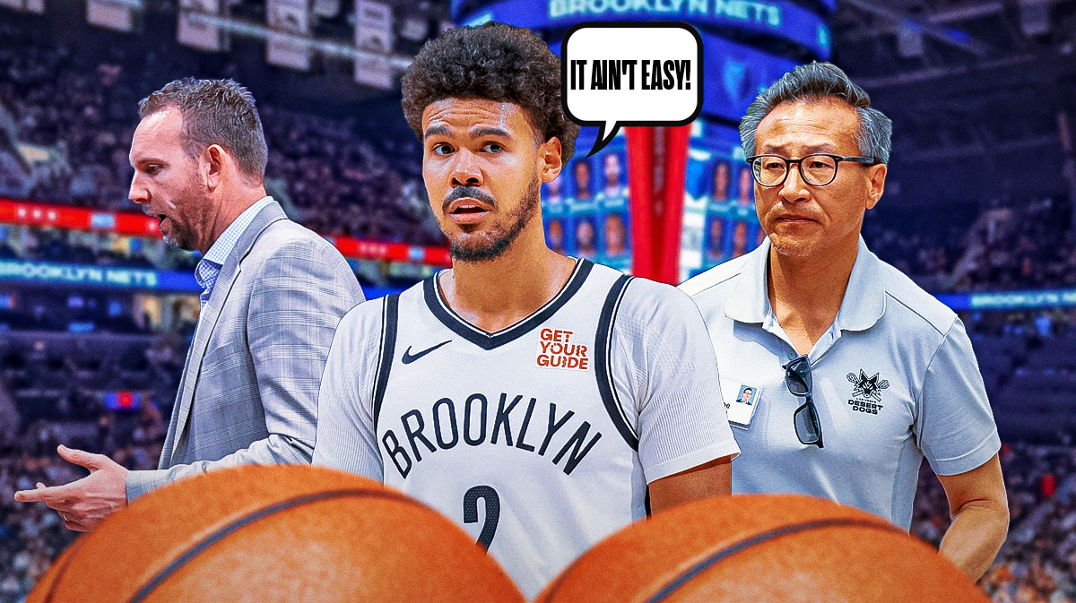 Cam Johnson saying "It ain't easy!" to Sean Marks and Joe Tsai