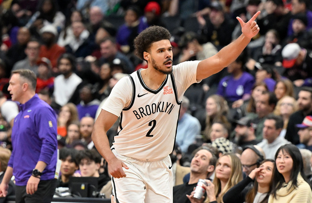 Brooklyn Nets forward Cam Johnson (2) reacts after making a three point basket against the Toronto Raptors in the second half at Scotiabank Arena.