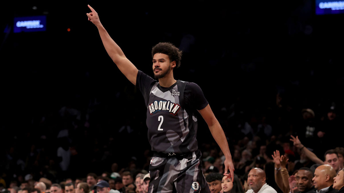 Brooklyn Nets forward Cameron Johnson (2) celebrates his three point shot against the Indiana Pacers during the third quarter at Barclays Center.