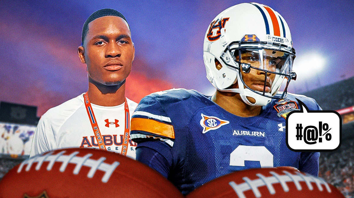 Cam Newton, in his #2 Auburn jersey, has a speech bubble that says "#@!%", and alongside him is new Auburn recruit Deuce Knight