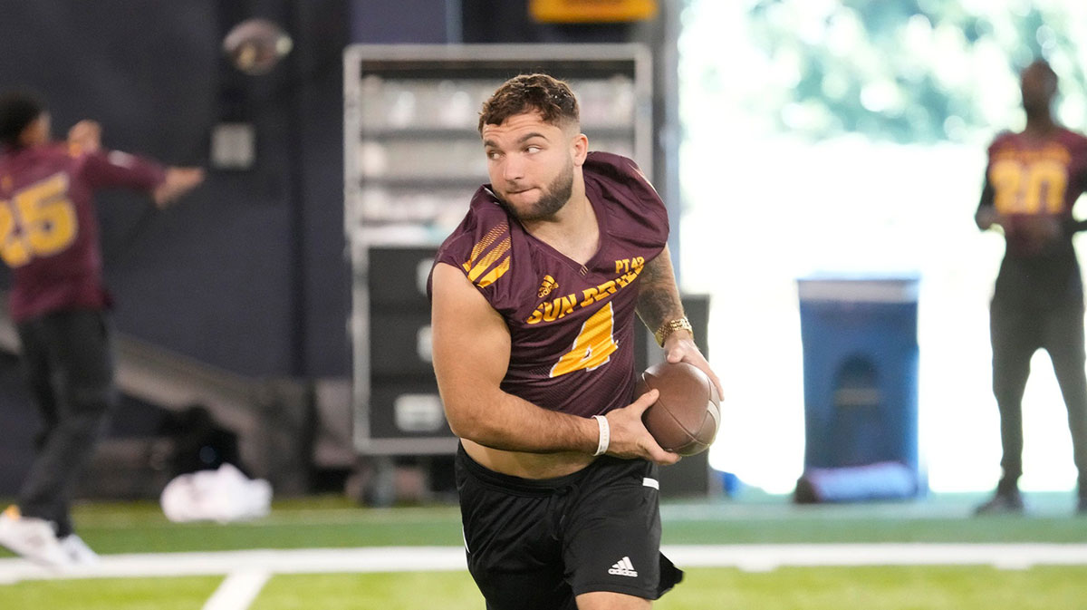 Arizona State running back Cam Skattebo (4) runs with the ball during open media availability at the Georgia Tech practice facility on Monday, Dec. 30, 2024. They will play Texas in the Chick-fil-A Peach Bowl on Jan. 1, 2024.