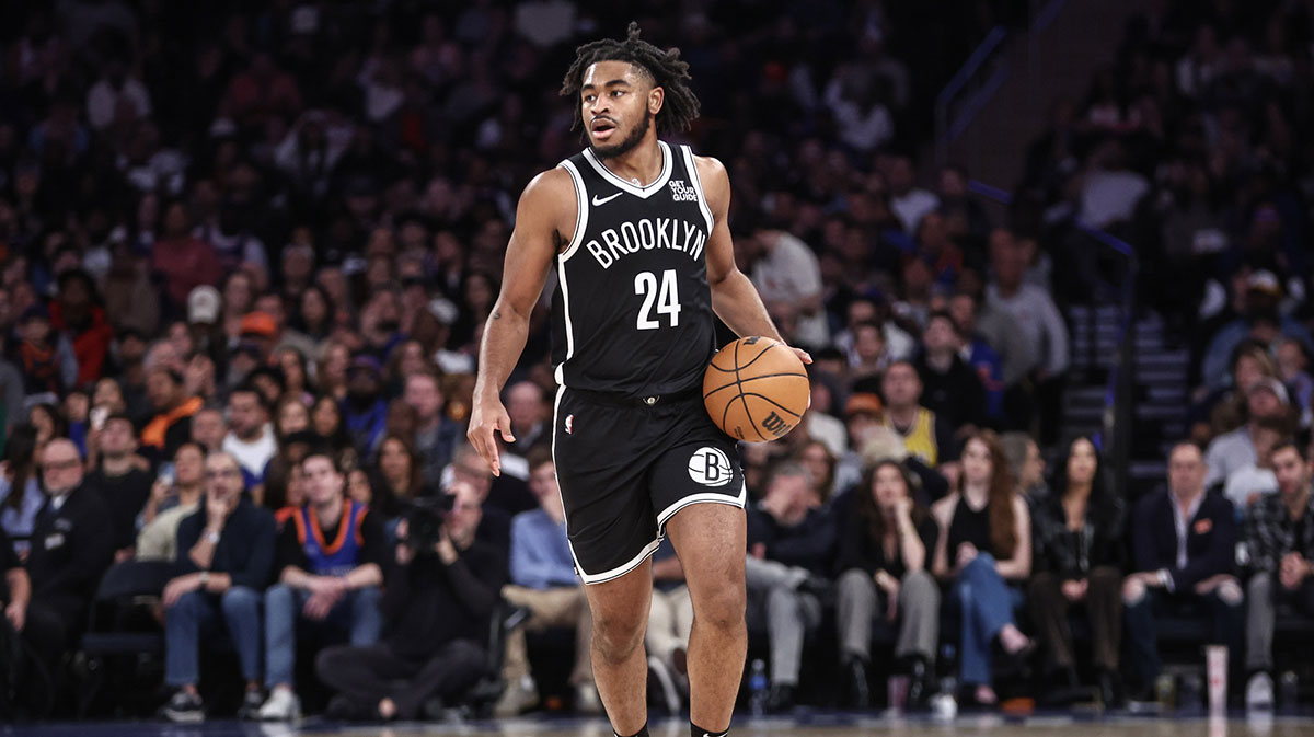 Brooklyn Nets guard Cam Thomas (24) brings the ball up in the second quarter against the New York Knicks at Madison Square Garden.