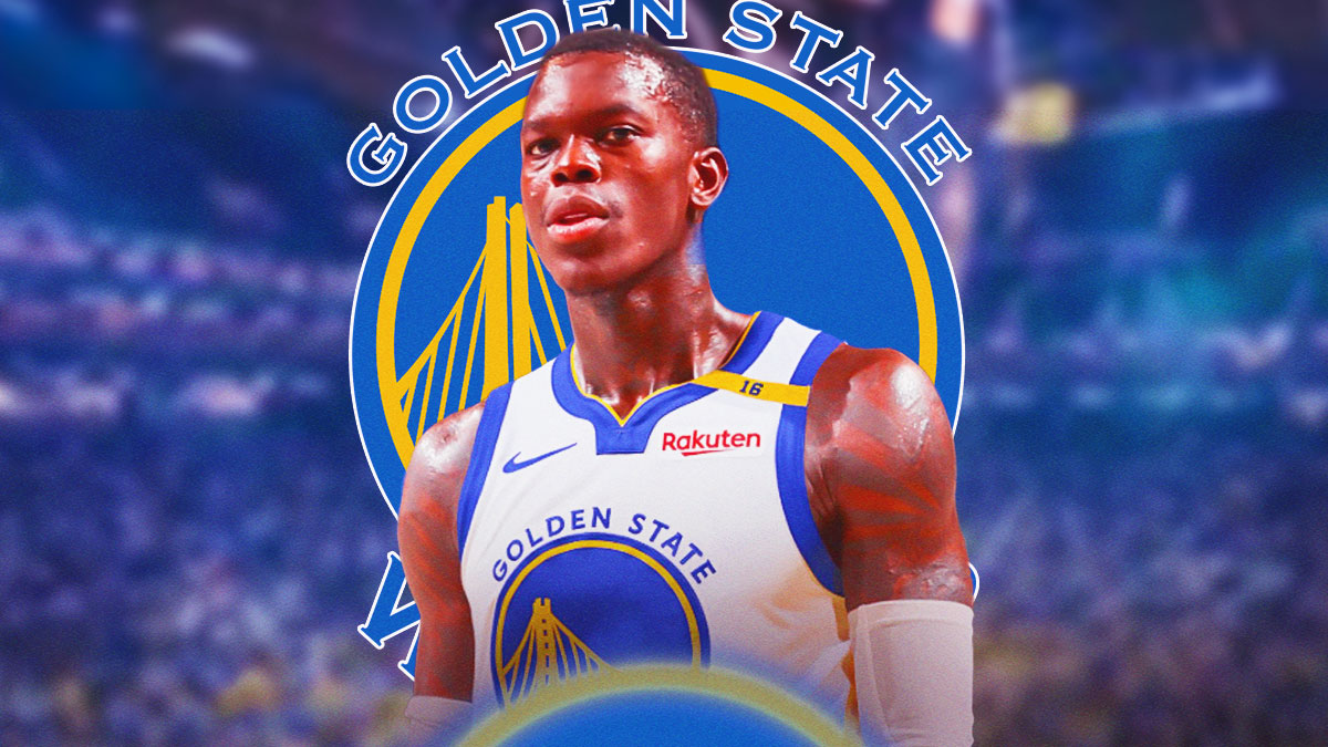 Dennis Schroder in Warriors jersey beside Warriors logo