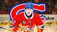 Patrik Laine in image looking happy with fire around him, Montreal Canadiens logo, hockey rink in background