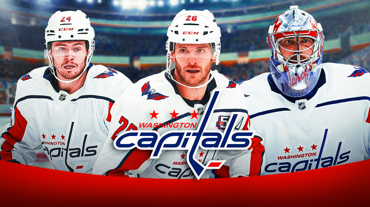 Connor McMichael, Nic Dowd and Charlie Lindgren all in action looking happy, Washington Capitals logo, hockey rink in background