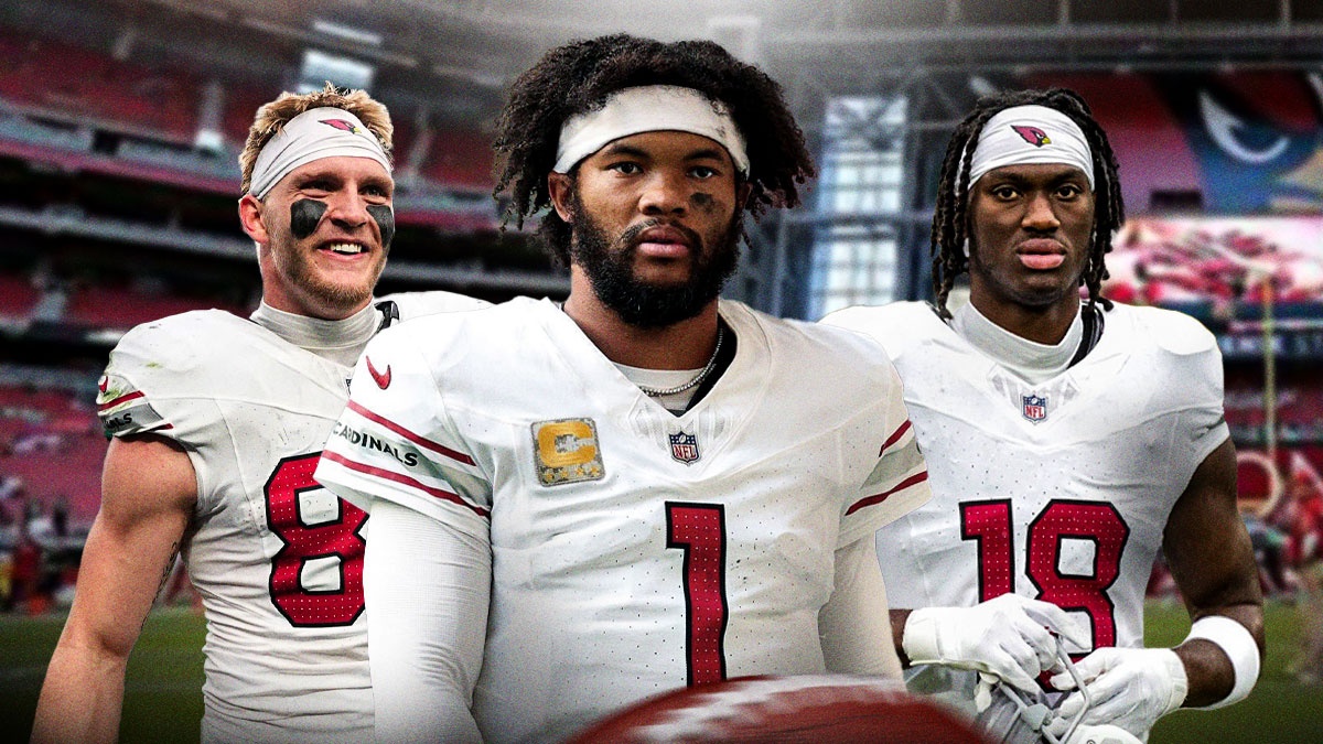 Kyler Murray in the middle, Trey McBride, Marvin Harrison Jr around him, Arizona Cardinals wallpaper in the background