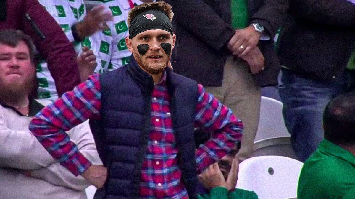 Cardinals TE Trey McBride as the annoyed cricket fan meme.