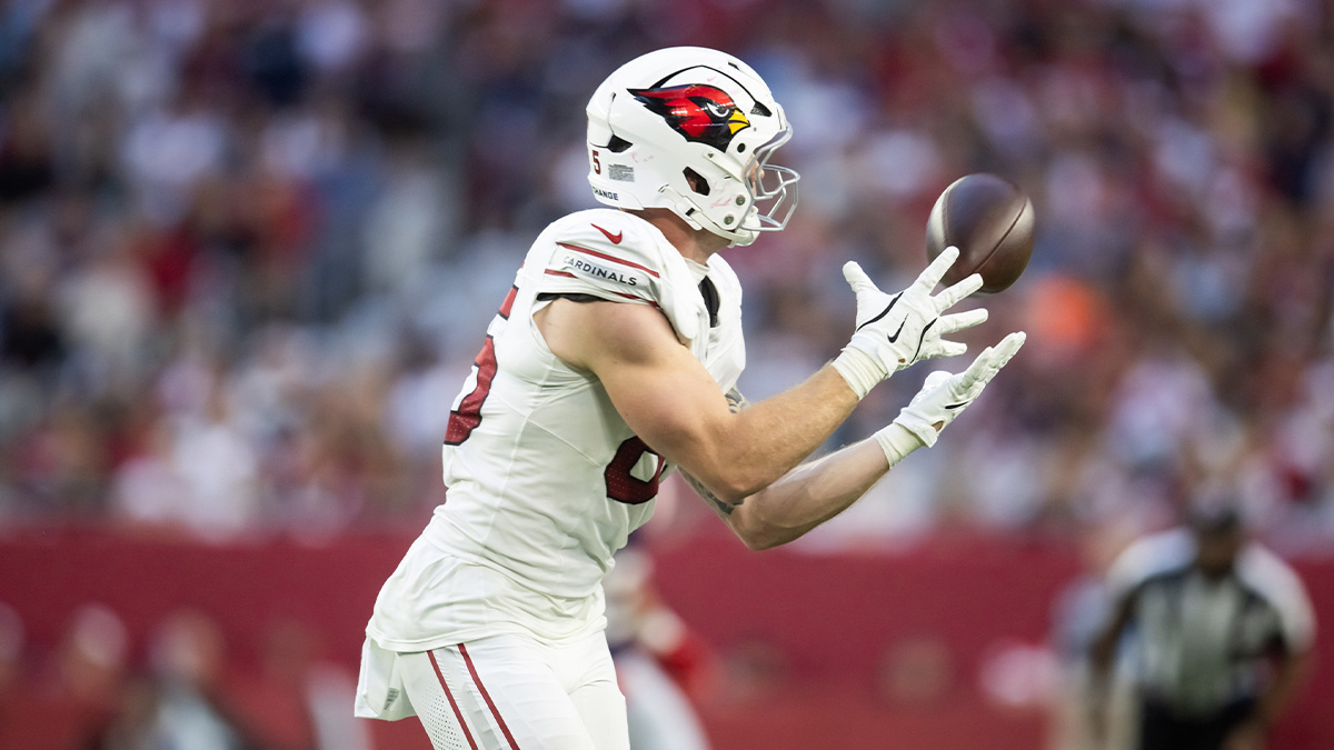 Arizona Cardinals tight end Trey McBride (85) catches a pass against the New England Patriots in the second half at State Farm Stadium.