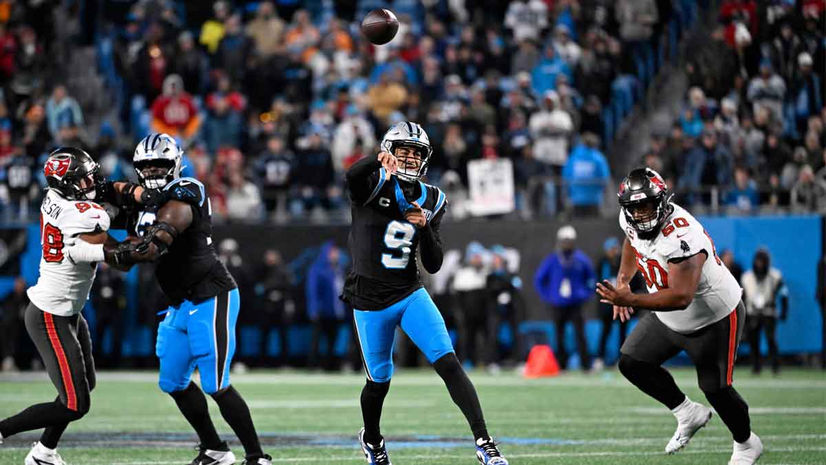 Carolina Panthers quarterback Bryce Young (9) throws a touchdpwn pass to wide receiver Adam Thielen (19) (not pictured) as the Panthers take the lead with 30 seconds left in the fourth quarter at Bank of America Stadium.