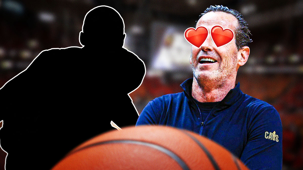 Kenny Atkinson with hearts in his eyes next to a silhouetted Cavs player.