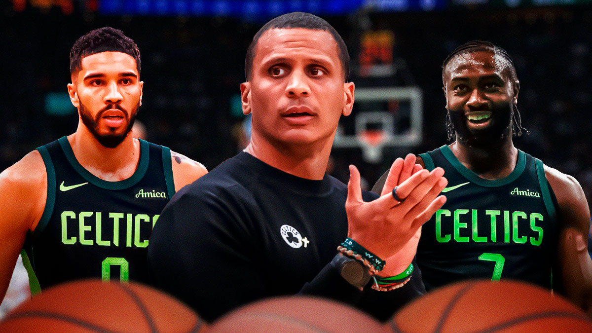 Joe Mazzulla looking happy (or regular) on Boston city background next to hyped Jayson Tatum and Jaylen Brown
