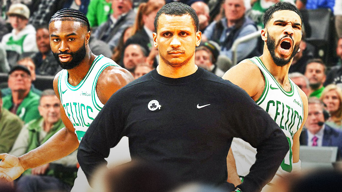 Can be a normal Celtics background or Boston city background with Joe Mazzulla looking serious in the middle and Jayson Tatum and Jaylen Brown looking hyped on either side of Mazzulla