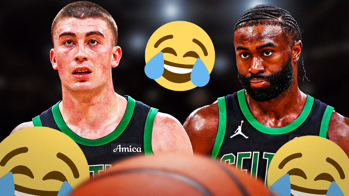Jaylen Brown and Payton Pritchard with a bunch of crying laughing emojis in the background