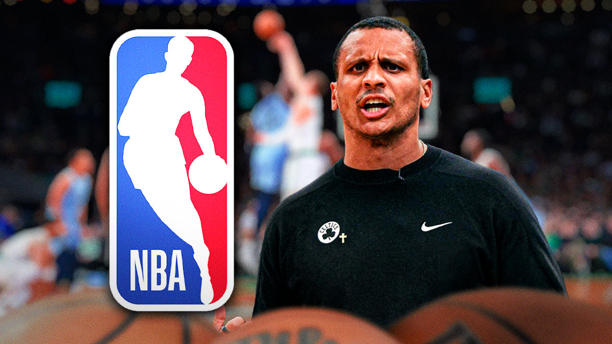 Joe Mazzulla next to an NBA logo.