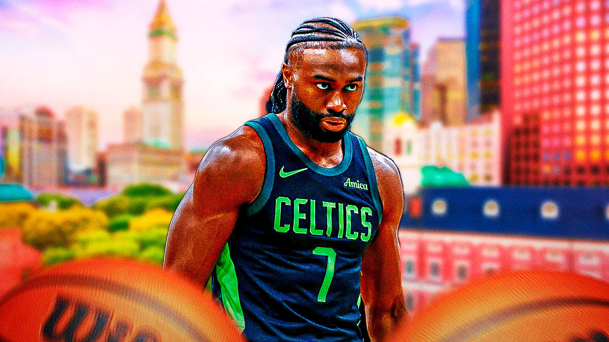 image idea: Jaylen Brown looking intense/serious on a Boston background