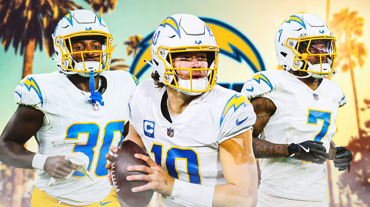 Justin Herbert in the middle, Kristian Fulton, Kimani Vidal around him, Los Angeles Chargers wallpaper in the background