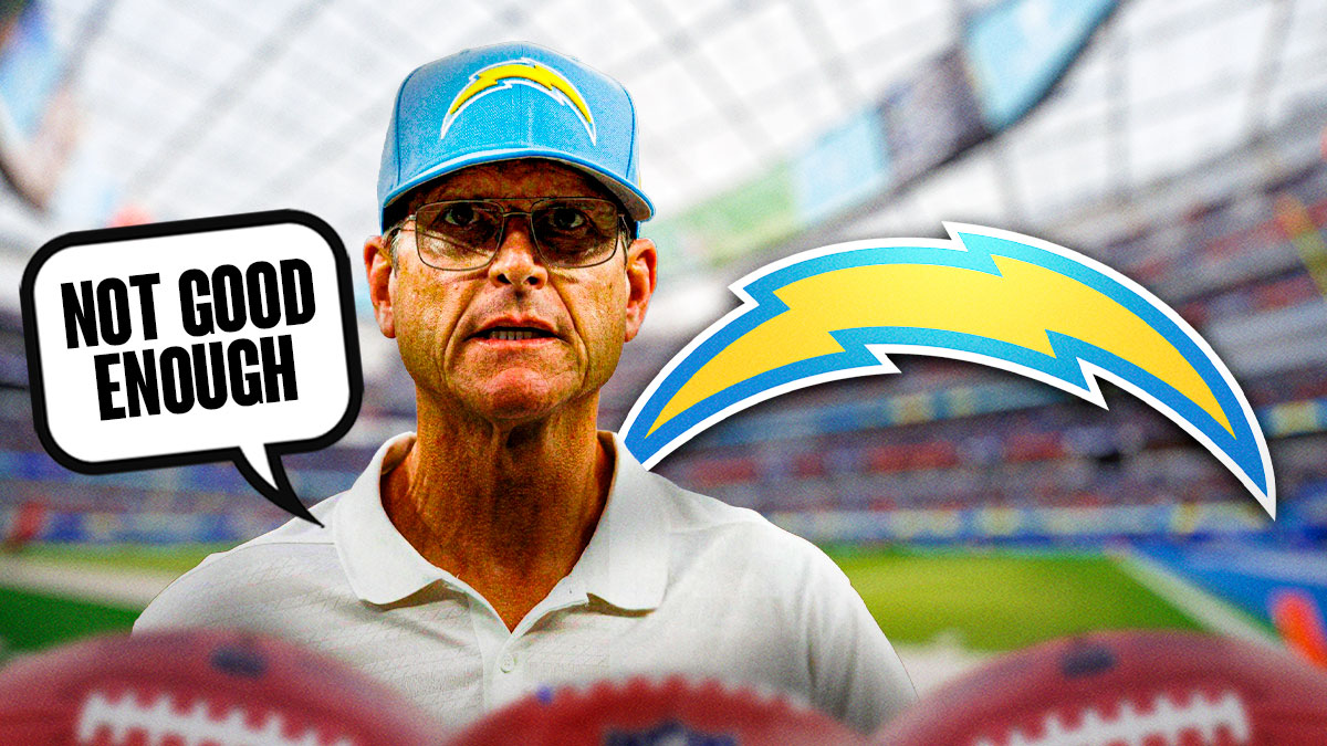 Chargers head coach Jim Harbaugh with a thought bubble that says "Not good enough" with the Chargers logo next to him