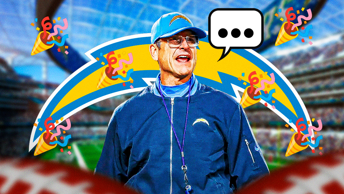 Los Angeles Chargers head coach Jim Harbaugh with a speech bubble that has the three dots emoji inside. He is surrounded by party popper emojis (🎉). There is also a logo for the Los Angeles Chargers.