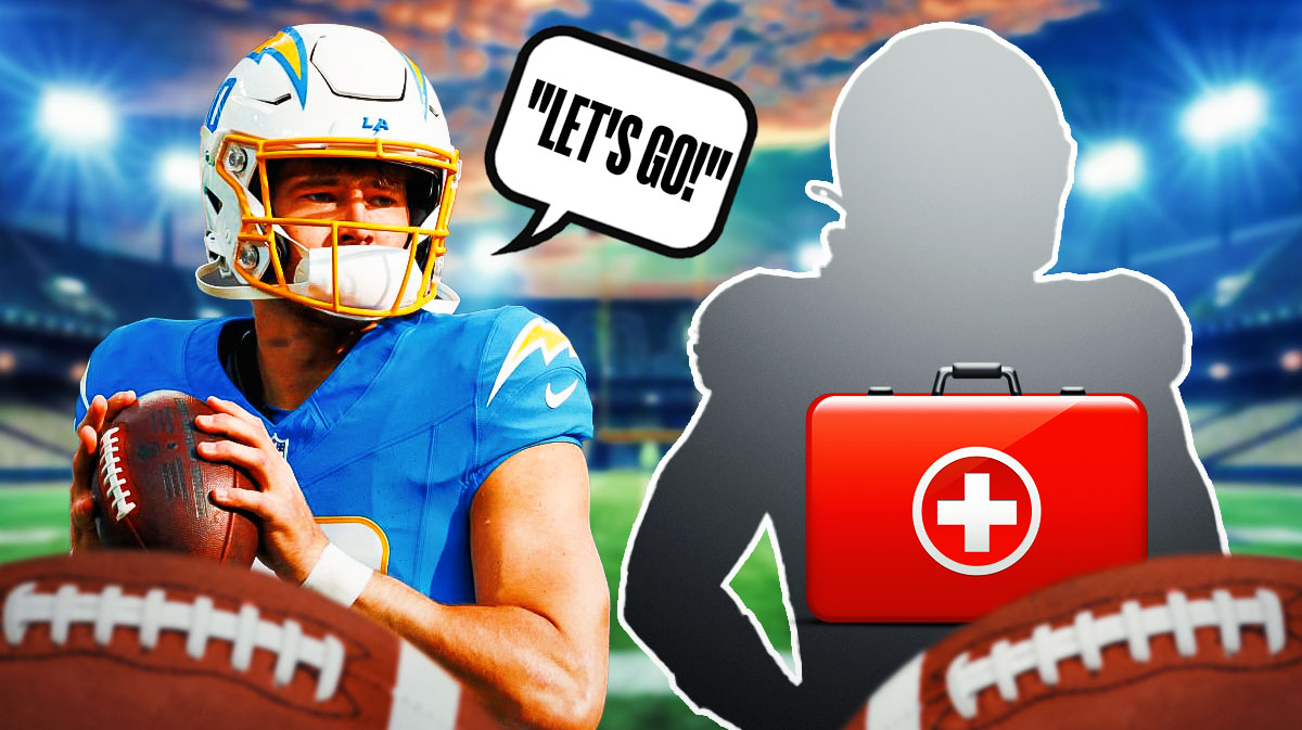 Justin Herbert on one side with a speech bubble that says "Let's go!" a silhouette of Hayden Hurst on the other side with an injury kit in front of him