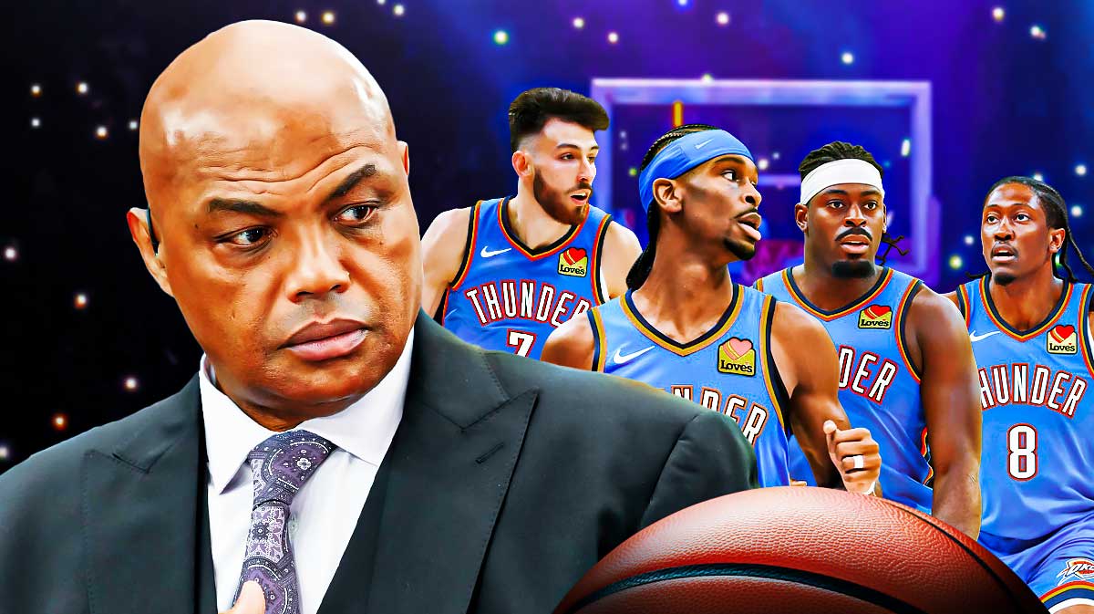 Charles Barkley on the left, with Shai Gilgeous-Alexander, Lu Dort, Jalen Williams, and Chet Holmgren on the right.