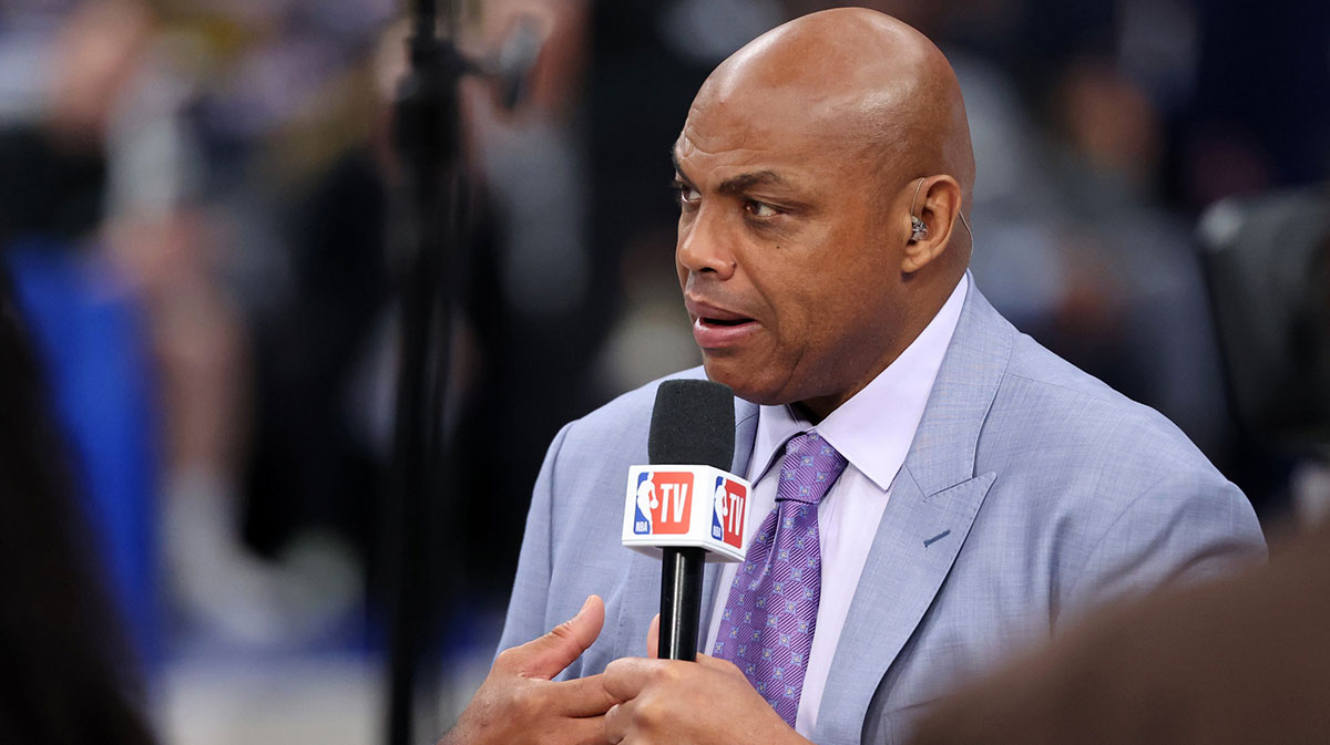 NBA TV analyst Charles Barkley talks on set before game three of the 2024 NBA Finals between the Boston Celtics and the Dallas Mavericks at American Airlines Center.