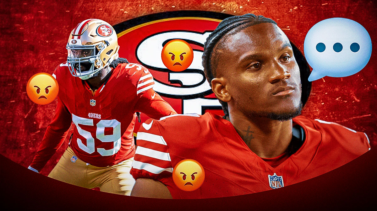 San Francisco 49ers CB Charvarius Ward with a speech bubble that has the three dots emoji inside. He is next to 49ers linebacker De'Vondre Campbell. They are both surrounded by angry emojis (😠). There is also a logo for the San Francisco 49ers.