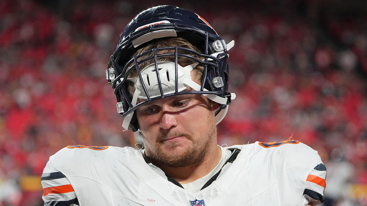 Chicago Bears center Doug Kramer Jr. (68) on the sidelines against the Kansas City Chiefs during the game at GEHA Field at Arrowhead Stadium.
