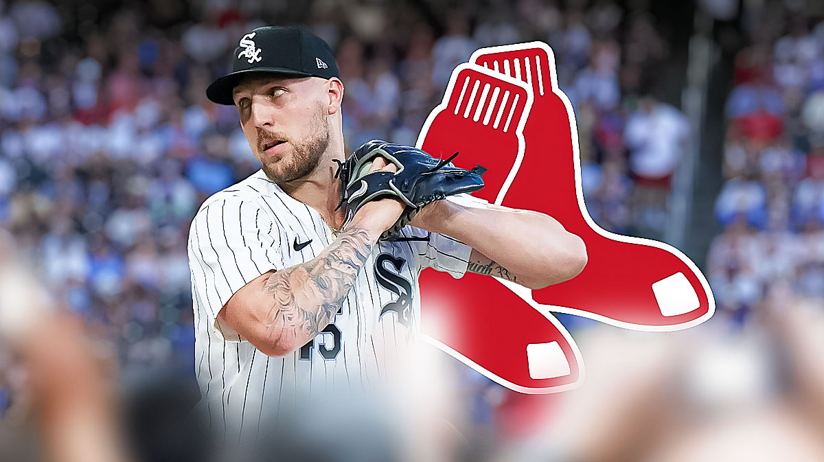 Garrett Crochet next to Red Sox logo.