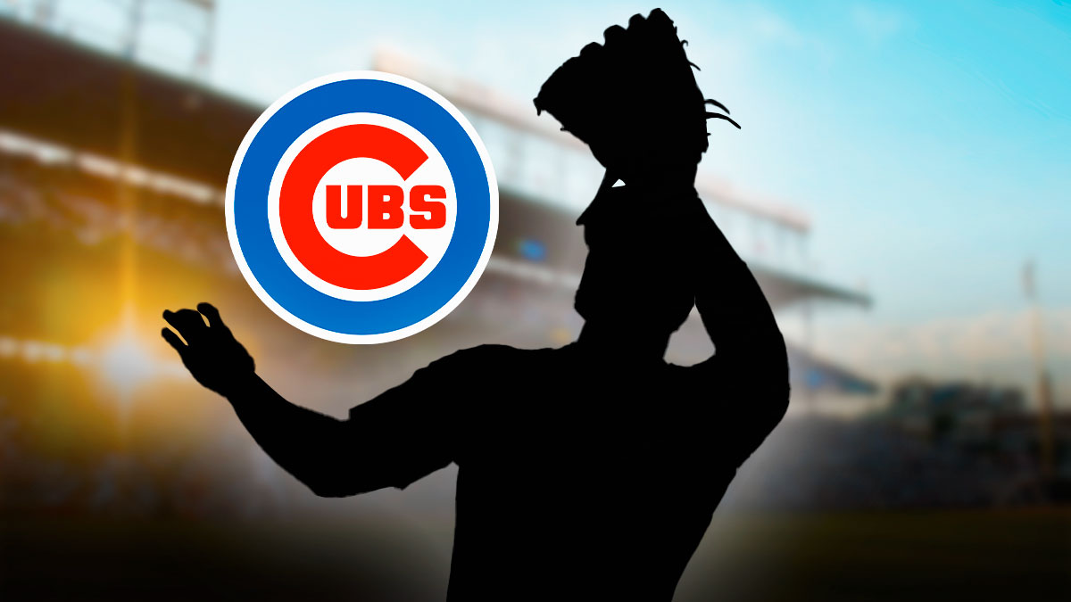 Dark Silhouette of a baseball catcher next to a Cubs logo