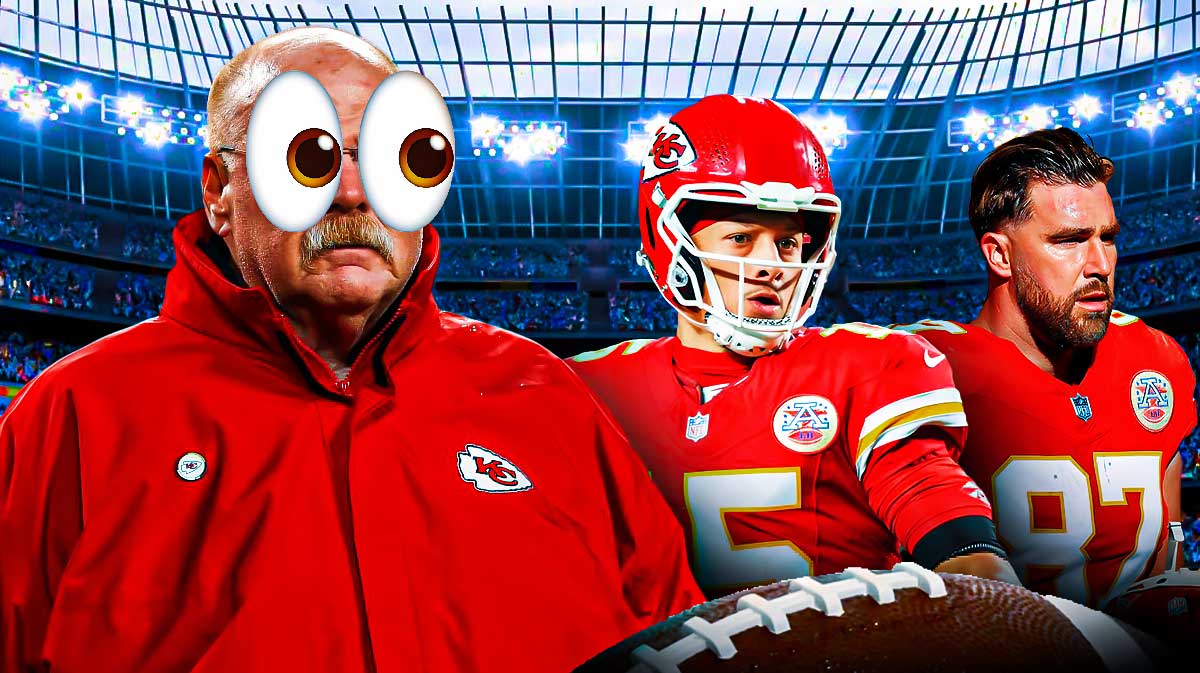 Photo: Andy Reid looking serious with peeping eyes, Patrick Mahomes, Travis Kelce beside him in action in Chiefs jerseys