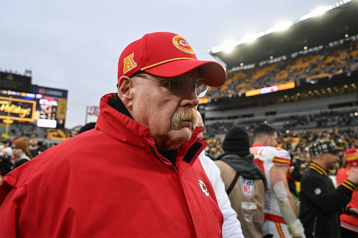 Kansas City Chiefs head coach Andy Reid leaves the field following their game against the Pittsburgh Steelers at Acrisure Stadium.