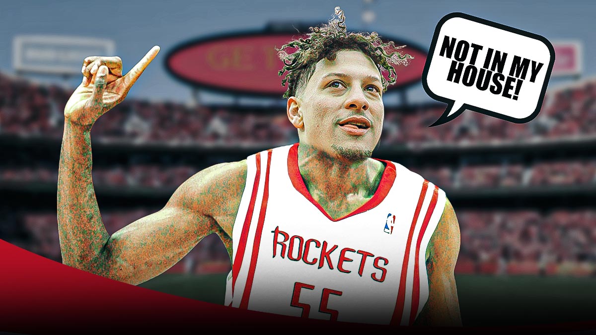 Rockets NBA player Dikembe Mutumbo doing his finger wag with Chiefs QB Patrick Mahomes' head over Mutumbo's. Speech bubble above Mahomes' head saying, "Not in my house!" Background is Arrowhead stadium.