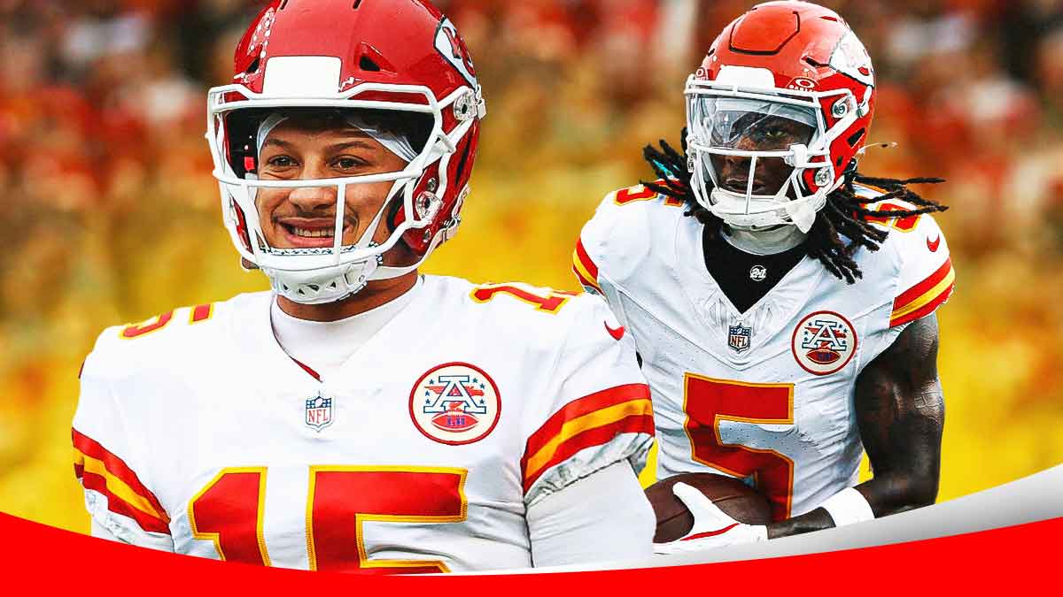 Chiefs Patrick Mahomes smiling, Chiefs Hollywood Brown catching a football.