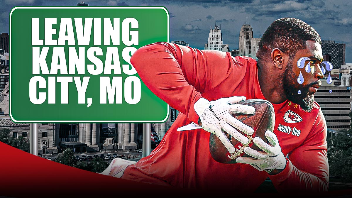 Cheifs RB Clyde Edwards-Helaire with tears running down his face. Behind him is a sign (like this) saying "Leaving Kansas City, MO".