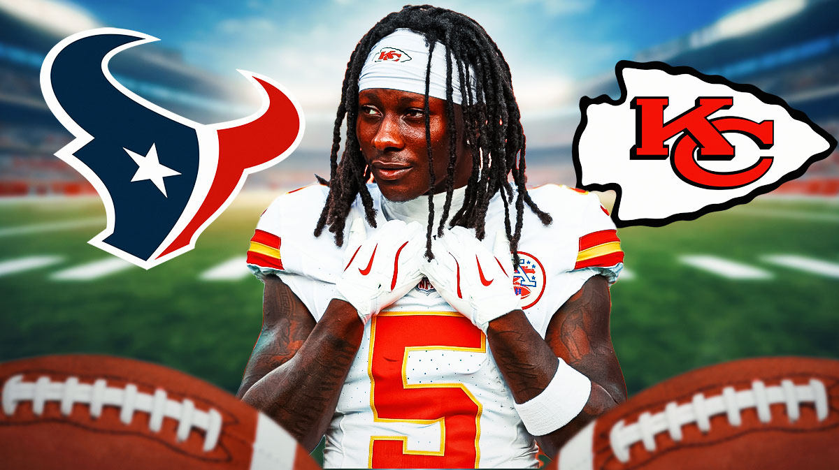 Chiefs Marquise Brown in front. Kansas City Chiefs and Houston Texans 2024 logos in background.