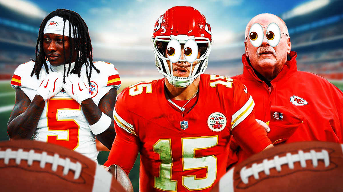 Marquise Brown on one side, Patrick Mahomes and Andy Reid on the other side with the big eyes emoji over their faces