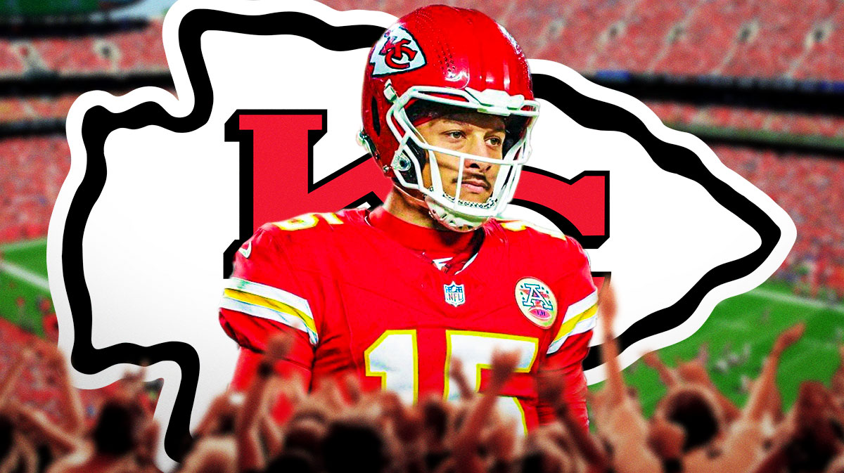 Patrick Mahomes looking concerned in front of a Chiefs logo