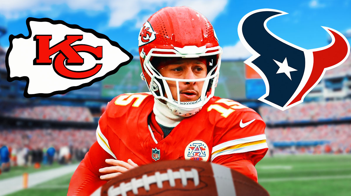 Chiefs Patrick Mahomes with the Kansas City Chiefs and Houston Texans logos behind him