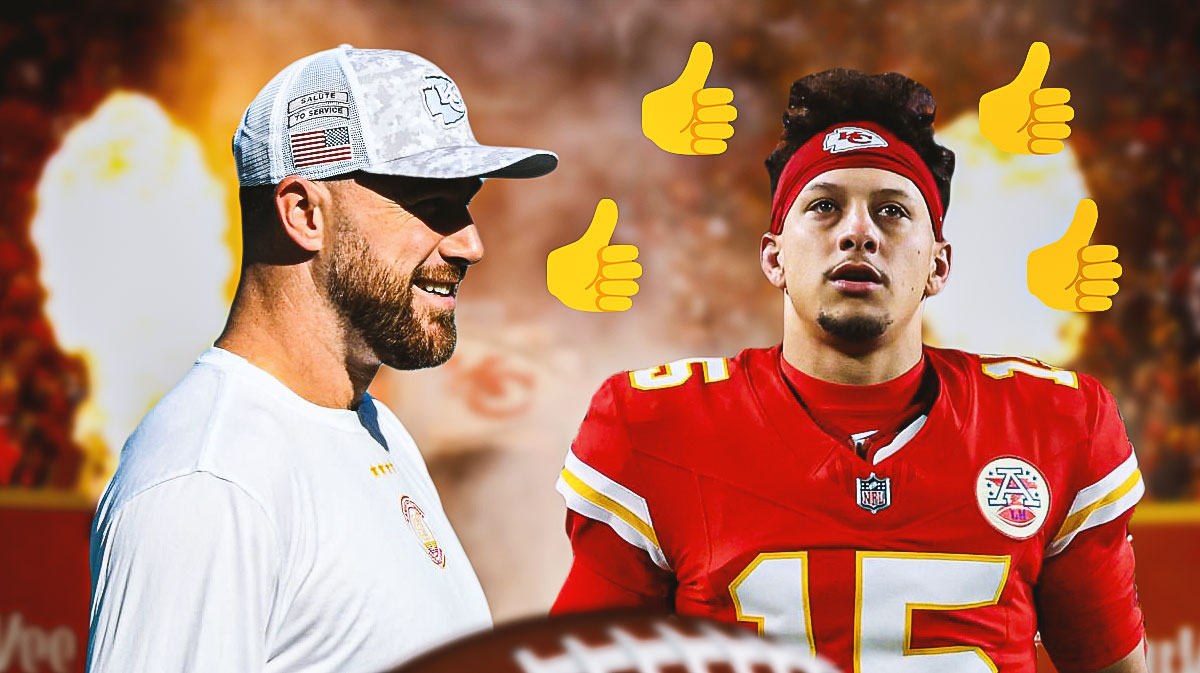 Kansas City Chiefs tight end Travis Kelce smiling at quarterback Patrick Mahomes with thumbs up emojis around Mahomes