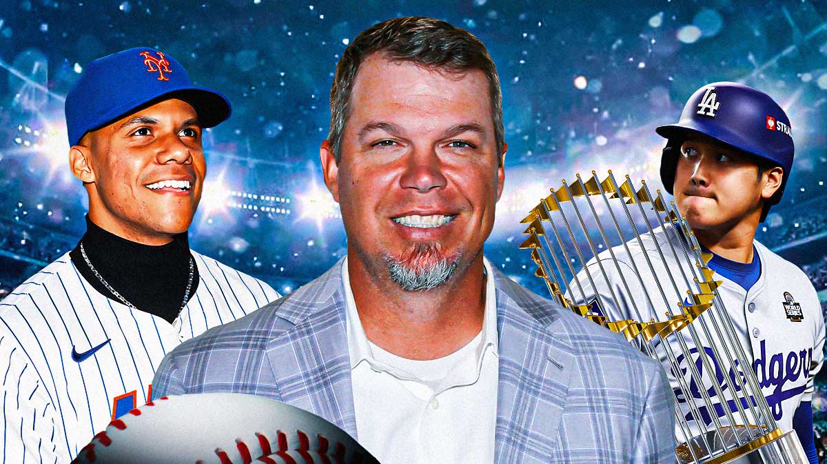 Chipper Jones in the middle, smiling, with Mets' Juan Soto (in Mets uniform) looking angry on the left and Dodgers' Shohei Ohtani lifting the 2024 World Series trophy on the right