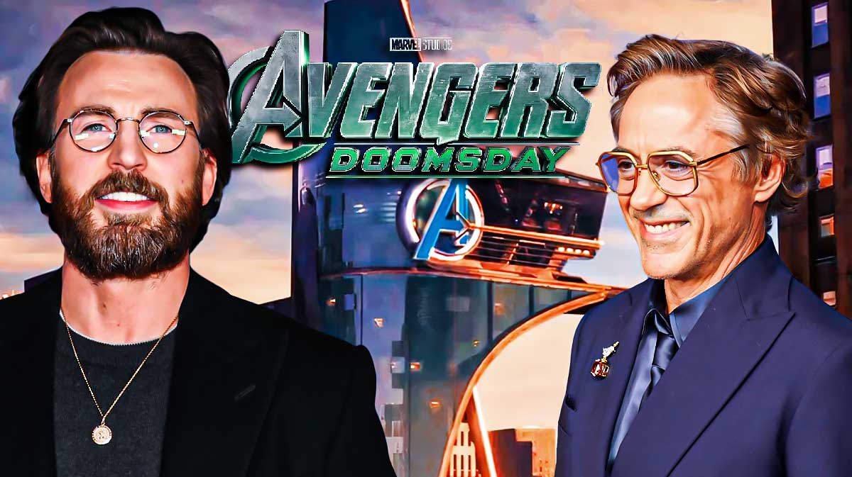 Marvel stars Chris Evans and Robert Downey Jr, who will return in Avengers: Doomsday with Avengers tower in background.