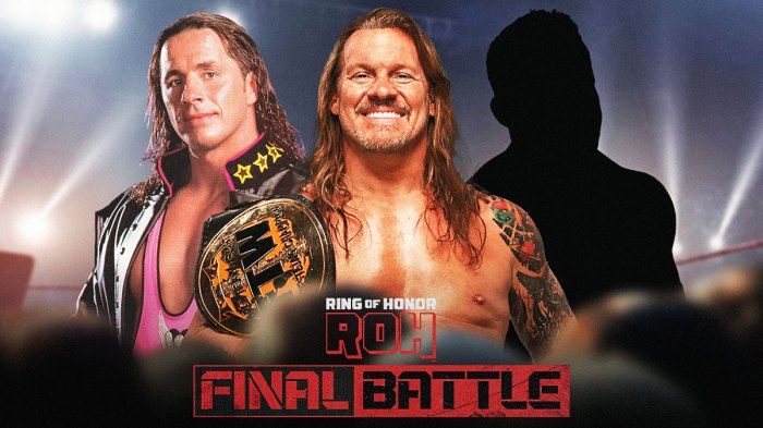 Chris Jericho in the middle, Bret Hart (1990s) on the left and the blacked-out silhouette of Matt Cardona on the right with the Ring of Honor Final Battle logo as the background.