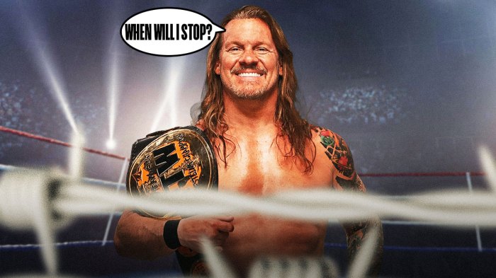 Chris Jericho with a text bubble reading "When will I stop?" in a wrestling ring.