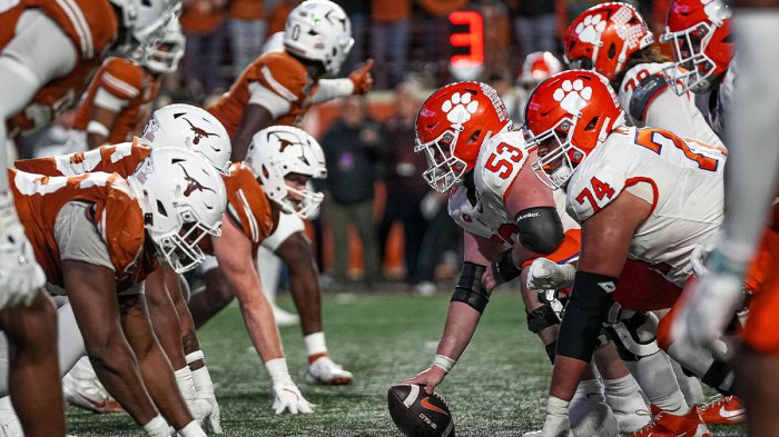 The Clemson Tigers line up for a snap during the game against the Texas Longhorns in the first round of the College Football Playoffs at Darrell K Royal-Texas Memorial Stadium on Saturday, Dec. 21, 2024.