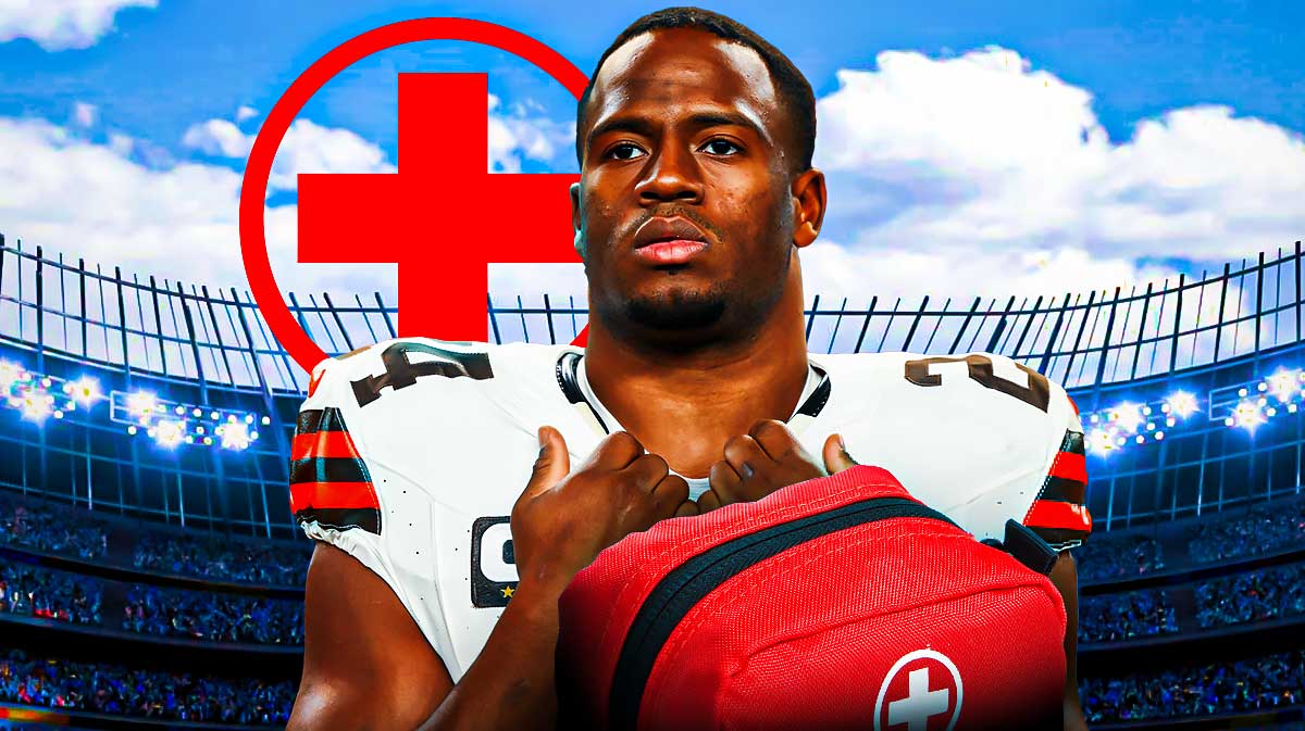 Cleveland Browns running back Nick Chubb with an injury symbol. There is also a logo for the Cleveland Browns.
