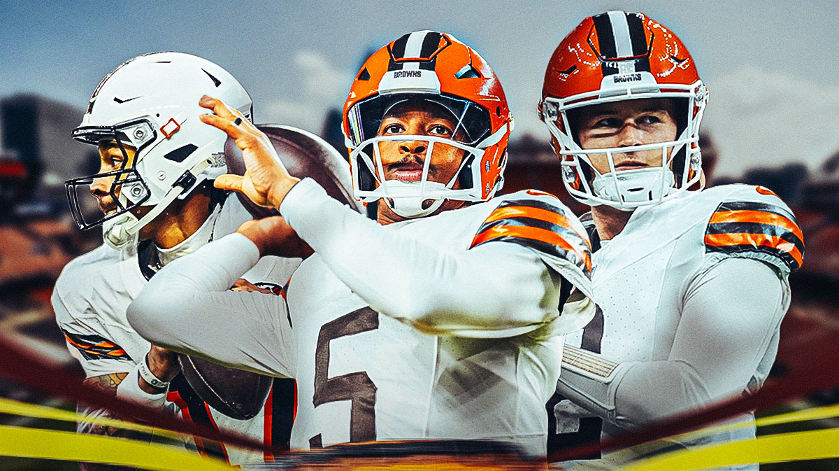 Browns Jameis Winston (center) with Browns Dorian Thompson-Robinson and Browns Bailey Zappe