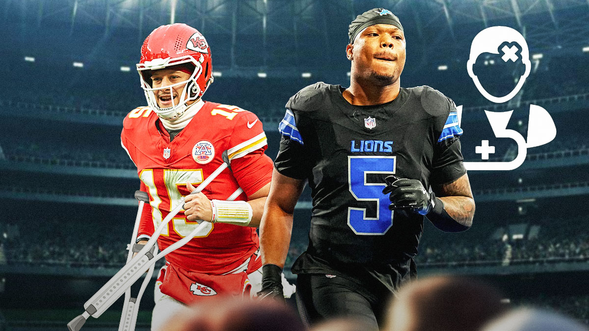 Patrick Mahomes with some crutches and Lions RB David Montgomery with an injury sign.