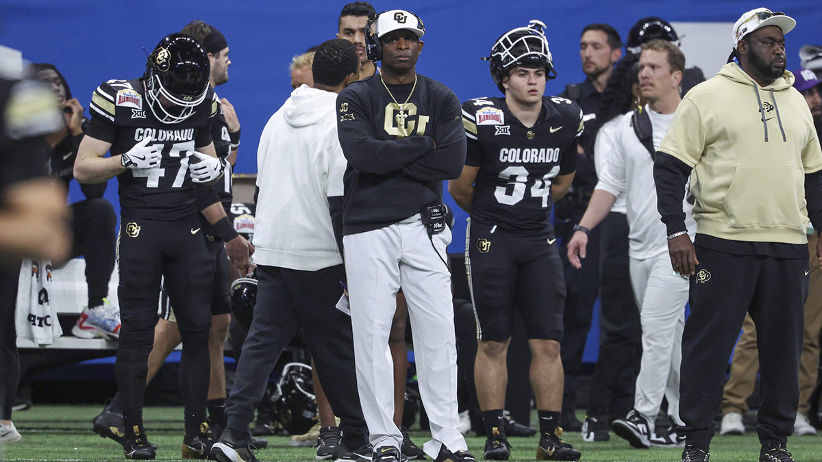 Colorado Buffaloes head coach Deion Sanders reacts from the sideline during the third quarter against the Brigham Young Cougars at Alamodome.