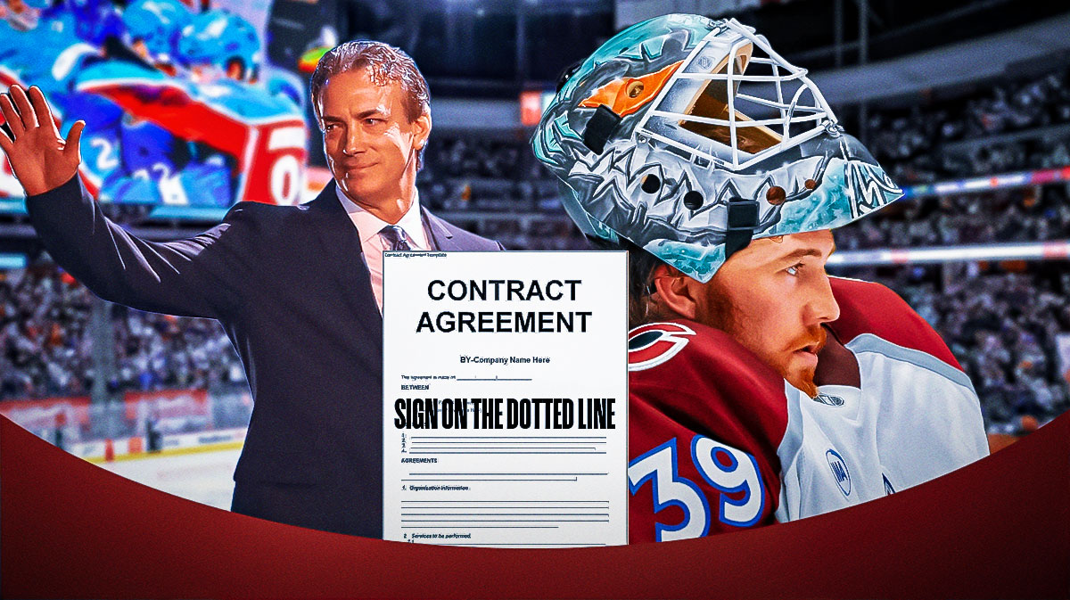 Avalanche goaltender MacKenzie Blackwood, team president Joe Sakic, and a blank contract with a "sign on the dotted line" at the bottom