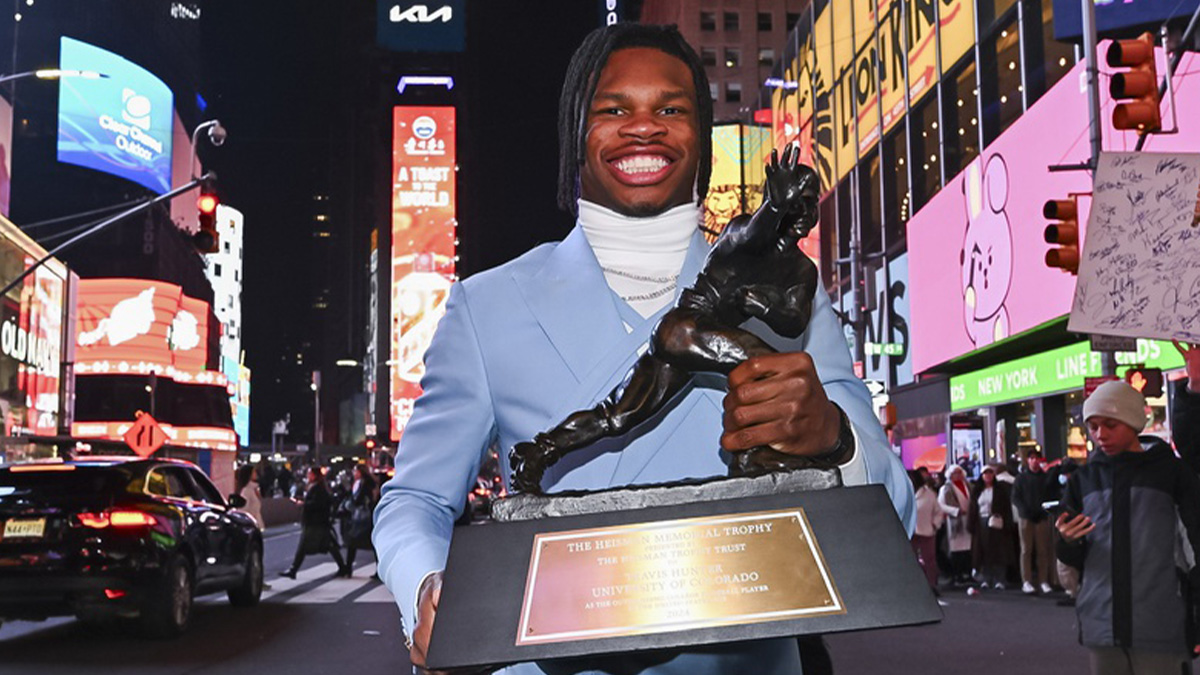 Colorado Buffaloes wide receiver/cornerback Travis Hunter after winning the 2024 Heisman Trophy.